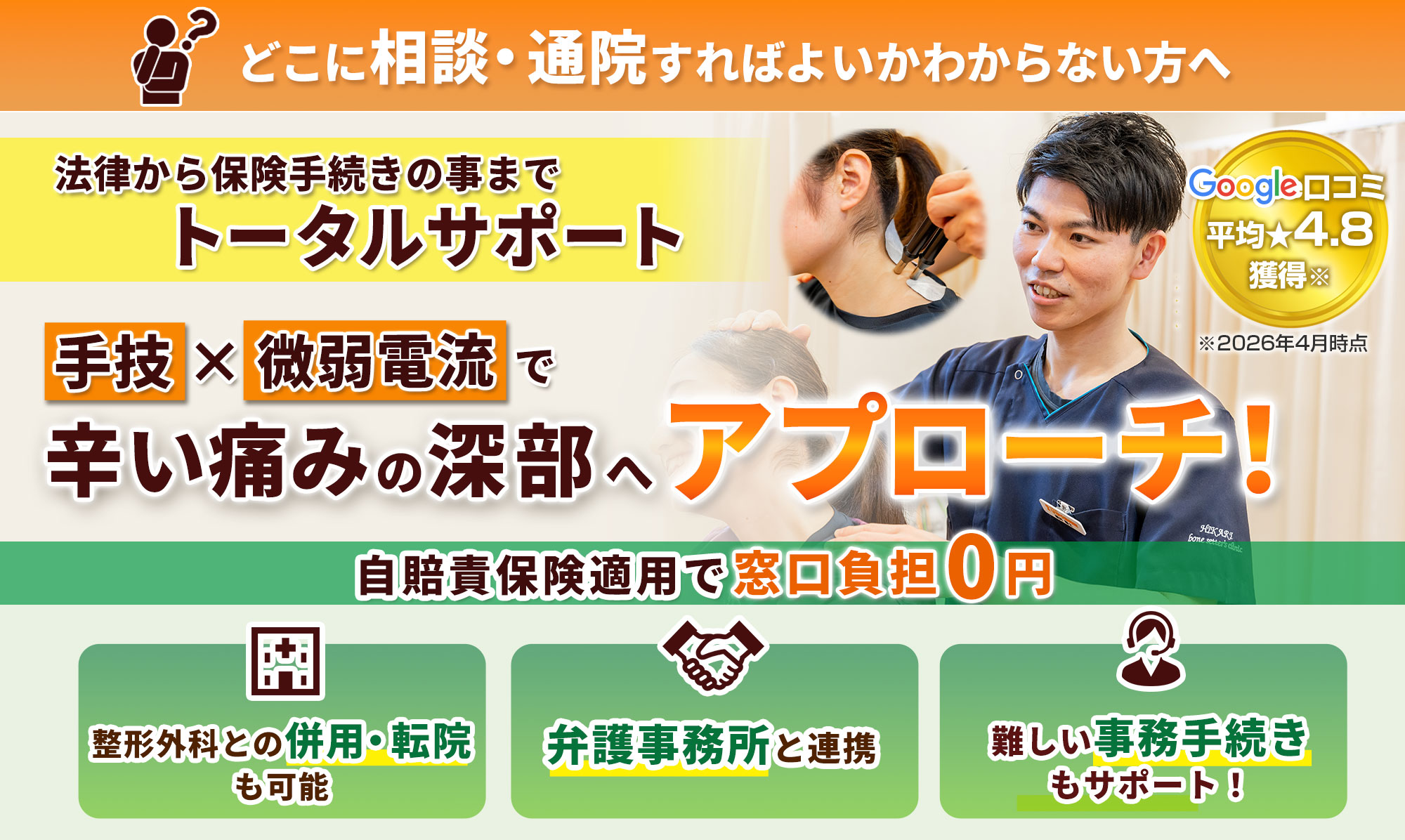 どこに相談・通院すればよいかわからない方へ 法律から保険手続きの事までトータルサポート 手技と微弱電流で辛い痛みの深部へアプローチ 自賠責保険適用で窓口負担0円 整形外科との併用・転院も可能 弁護士事務所と連携 難しい事務手続きもサポート